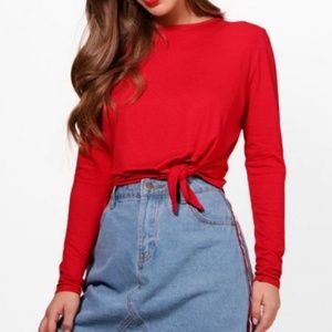 Red Petite Tie Front Long Sleeve Top